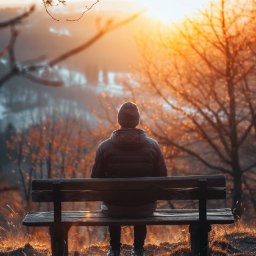 Prywatny Ośrodek Terapii Uzależnień Space Therapy Wielkopolska - Osoba siedząca samotnie na ławce, z widokiem na rozświetlony słońcem krajobraz. Kontemplacja w otoczeniu natury, w ciepłych barwach zachodzącego słońca.