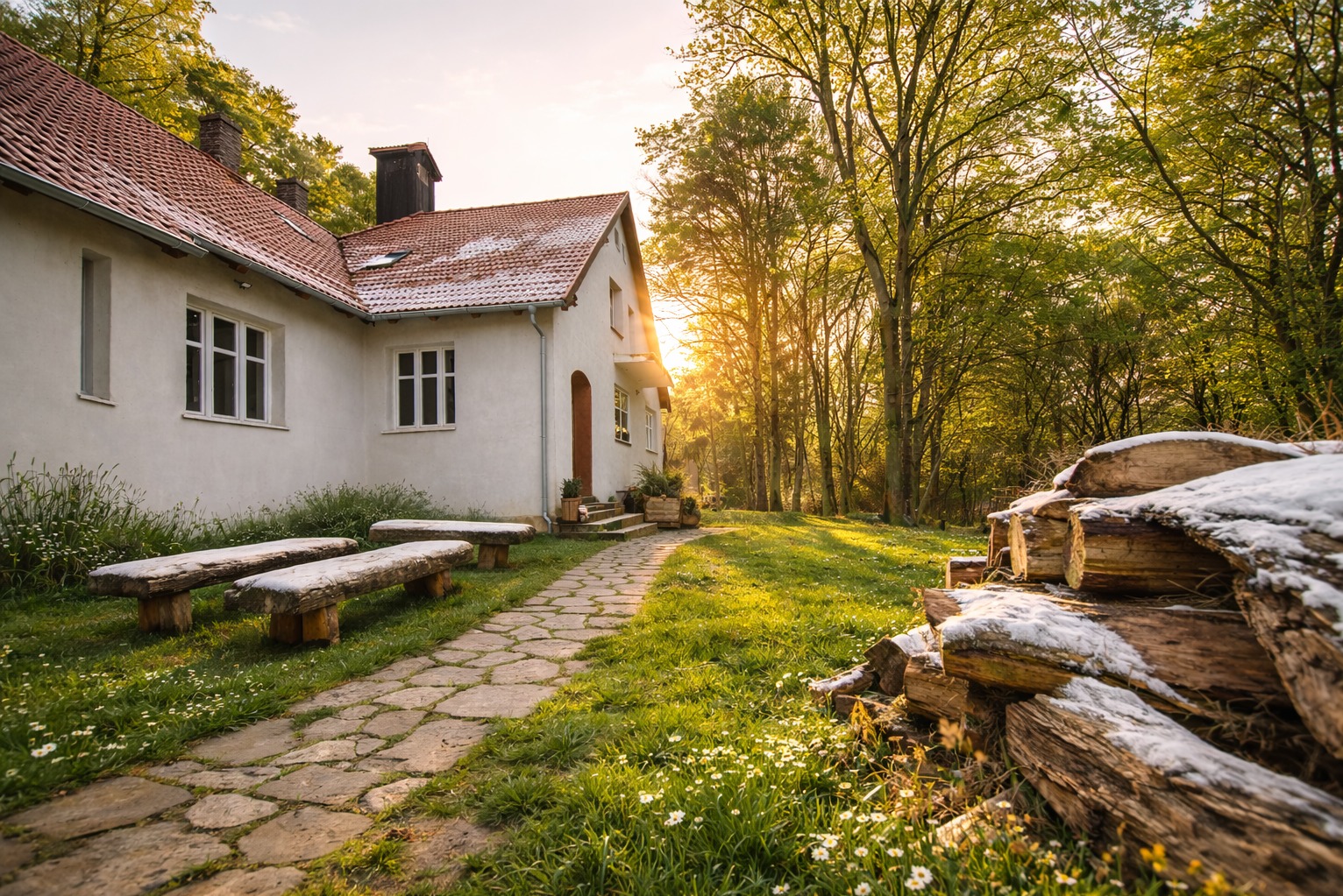 Jasny budynek z czerwonym dachem otoczony zielenią, kamienną ścieżką i drewnianymi ławkami. Promienie słońca przebijają przez drzewa, tworząc ciepłą atmosferę.