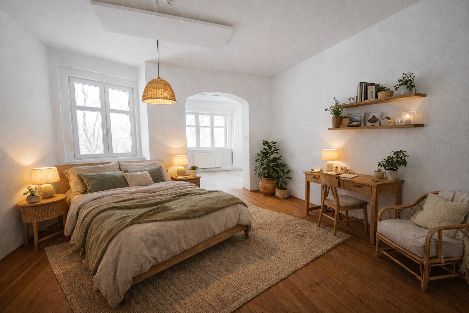 Jasny, przytulny pokój z łóżkiem, biurkiem i roślinami. Wnętrze w stylu boho z drewnianymi meblami i naturalnymi materiałami. Widok na pokój przez łuk.