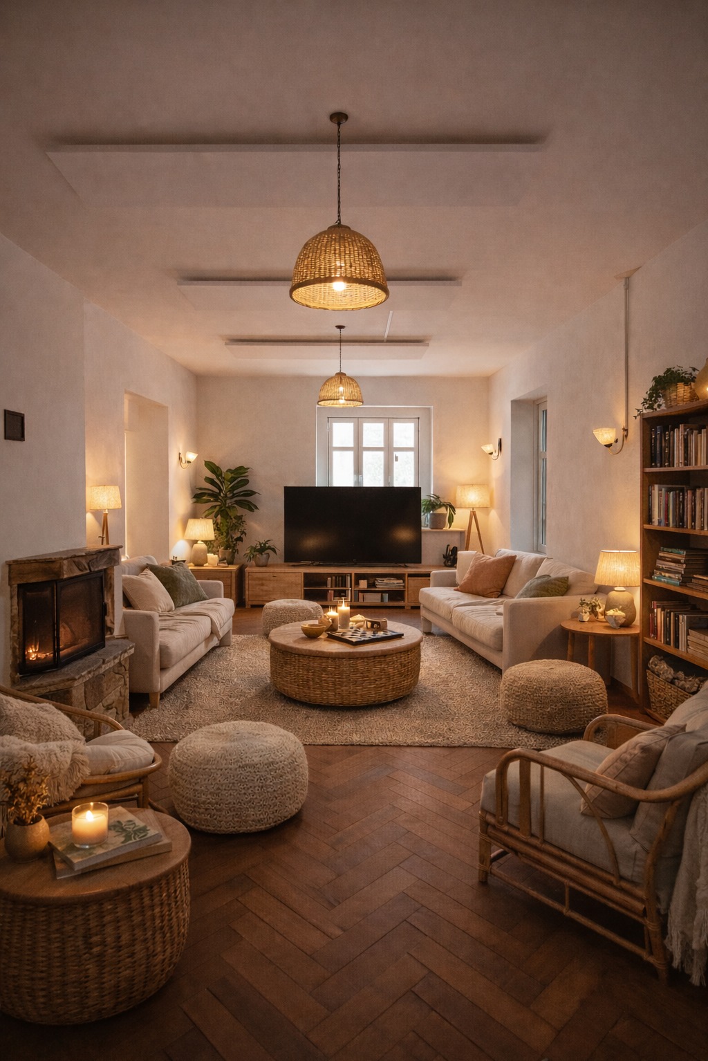 Przytulne wnętrze salonu z kominkiem, dwiema sofami i okrągłym stolikiem kawowym. Ciepłe oświetlenie, drewniana podłoga w jodełkę, rattanowe lampy i dodatki.