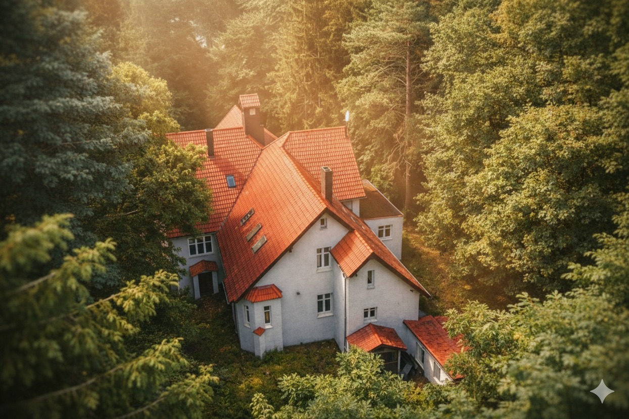 Dwupiętrowy budynek z czerwonym dachem, otoczony zielenią, widziany z góry w Obrzycko. Ujęcie podkreśla naturalne otoczenie i architekturę budynku.