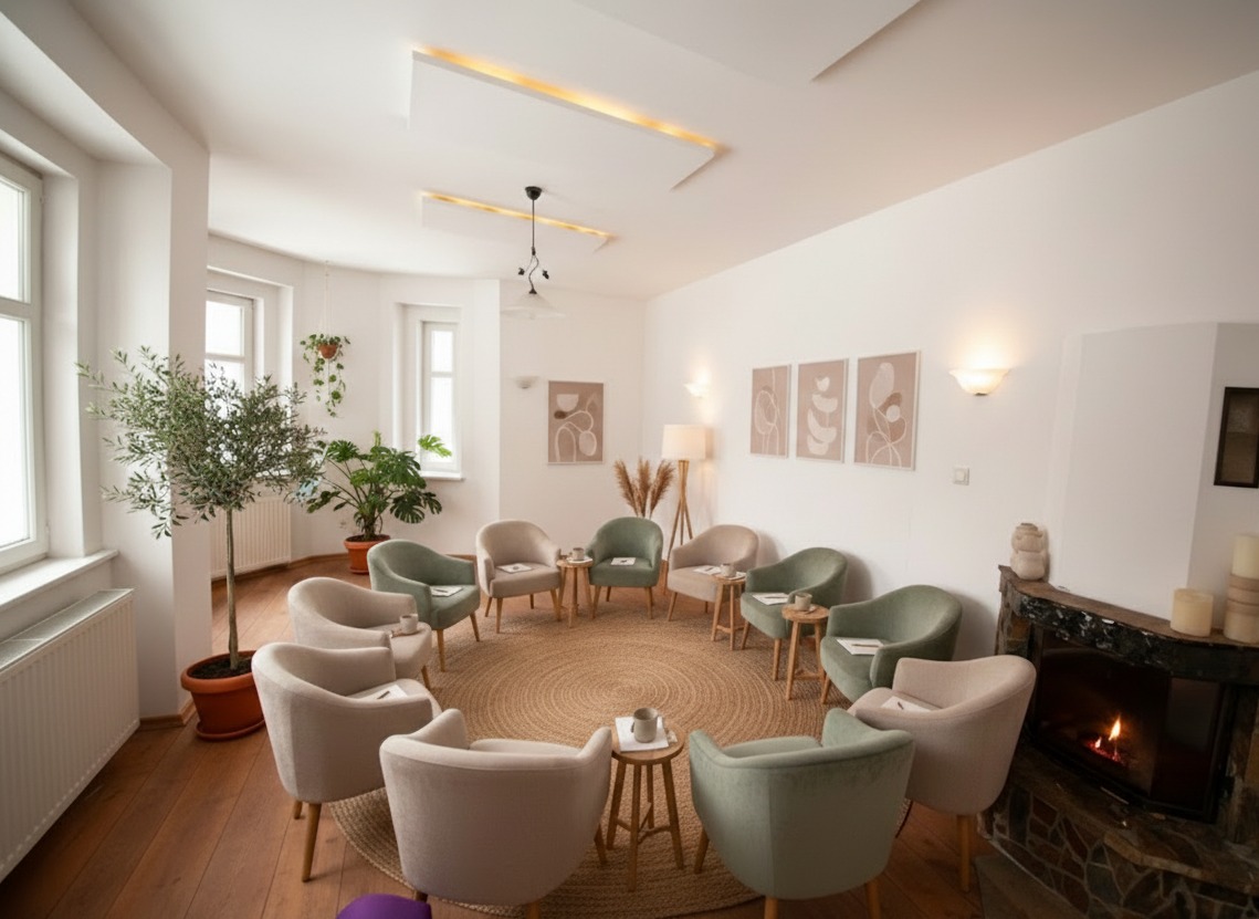 Jasne wnętrze z krzesłami ustawionymi w kręgu na jutowym dywanie, małe stoliki, kominek i rośliny doniczkowe tworzą przytulną atmosferę spotkań grupowych.
