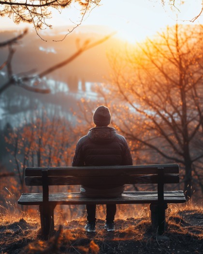 Osoba siedząca samotnie na ławce, z widokiem na rozświetlony słońcem krajobraz. Kontemplacja w otoczeniu natury, w ciepłych barwach zachodzącego słońca.
