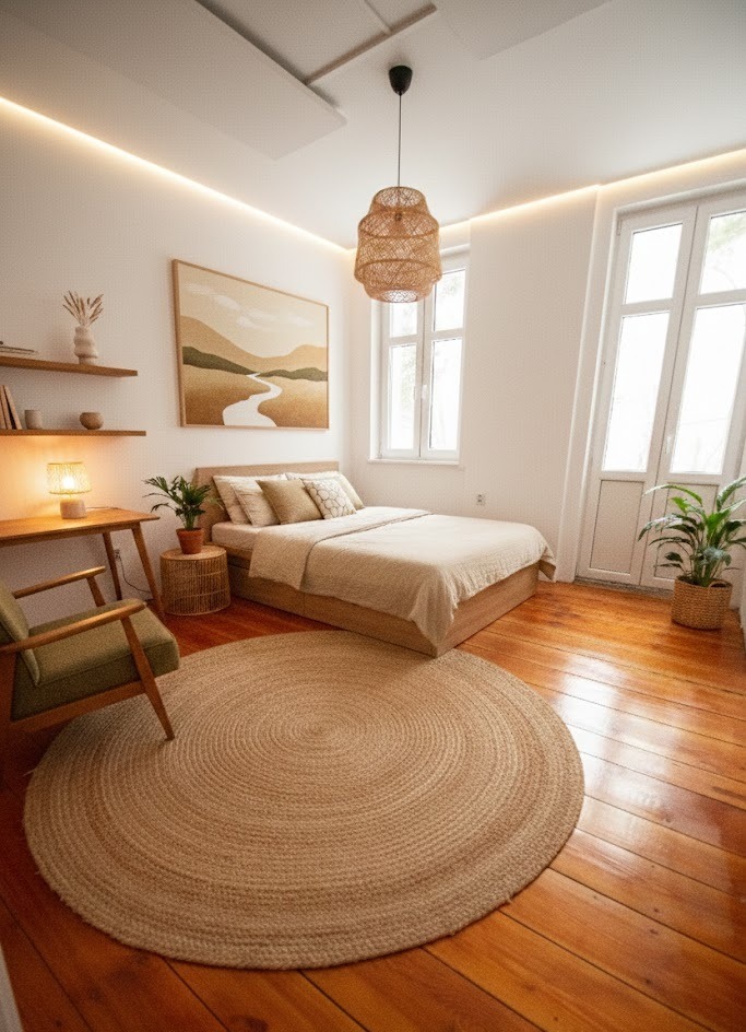 Jasna sypialnia w stylu boho z okrągłym jutowym dywanem, drewnianą podłogą i łóżkiem. Na ścianie obraz z motywem krajobrazu. Naturalne światło wpada przez okno.