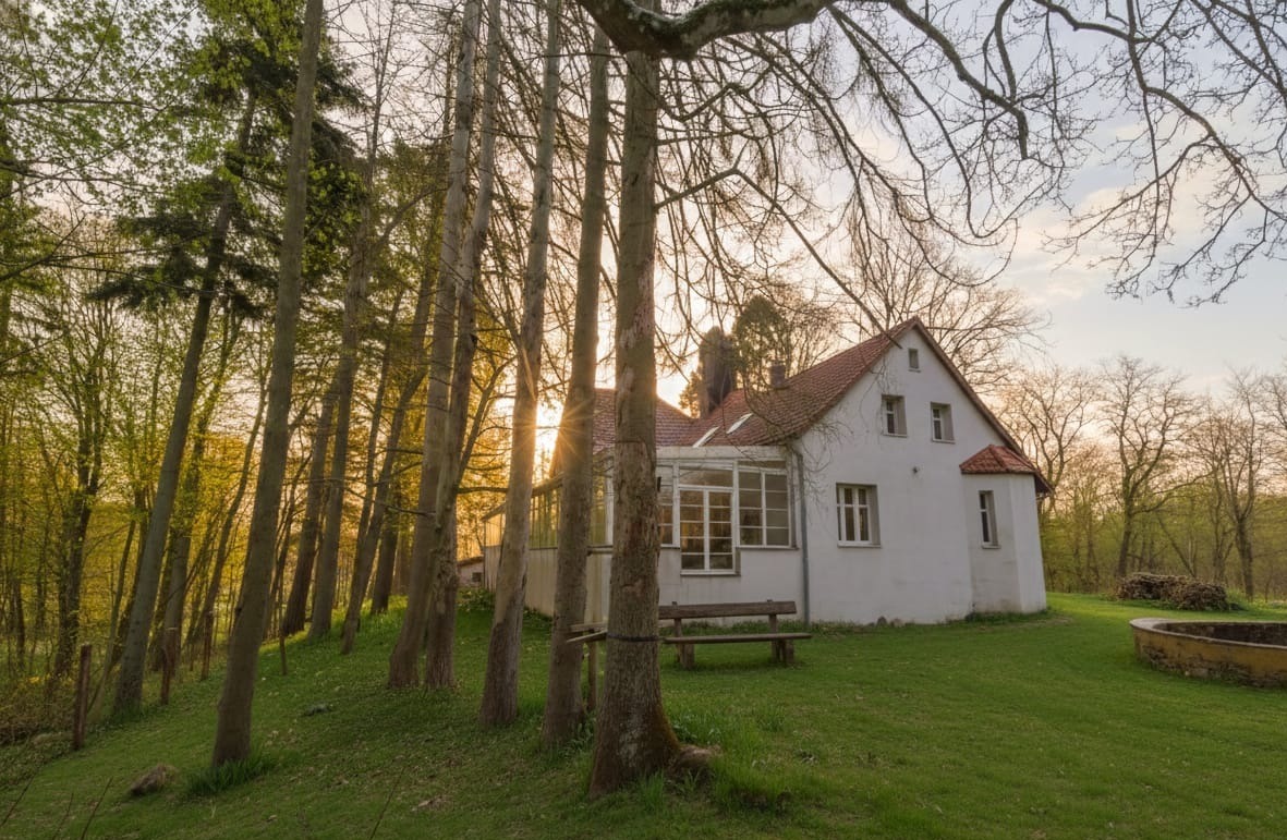 Biały dom z czerwonym dachem, częściowo zasłonięty przez drzewa, w otoczeniu zieleni. Widoczna ławka i stos drewna. Promienie słoneczne przebijają przez drzewa.