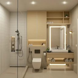 Proan - Nowoczesna łazienka z kabiną typu walk-in, beżowymi płytkami i podświetlanym lustrem. Minimalistyczny design z akcentami drewna i subtelnym oświetleniem.