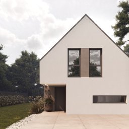 FormHome - Elegancki, nowoczesny dom z dwuspadowym dachem i minimalistyczną elewacją w odcieniach bieli, otoczony zielenią i drzewami. Widoczne duże okna i numer domu '10'.