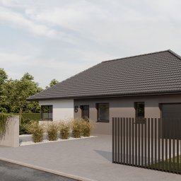 FormHome - Elegancki, parterowy dom z szarą dachówką i numerem 6 przy wejściu, otoczony nowoczesnym ogrodzeniem i roślinnością. Minimalistyczny design z garażem w bryle budynku.