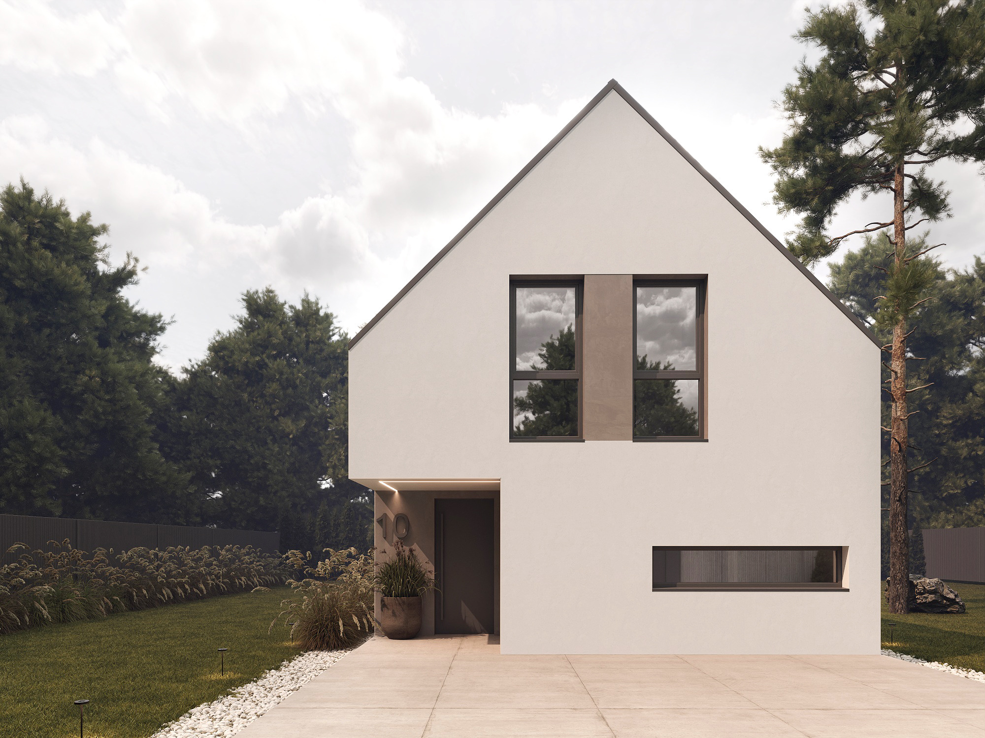 Elegancki, nowoczesny dom z dwuspadowym dachem i minimalistyczną elewacją w odcieniach bieli, otoczony zielenią i drzewami. Widoczne duże okna i numer domu '10'.