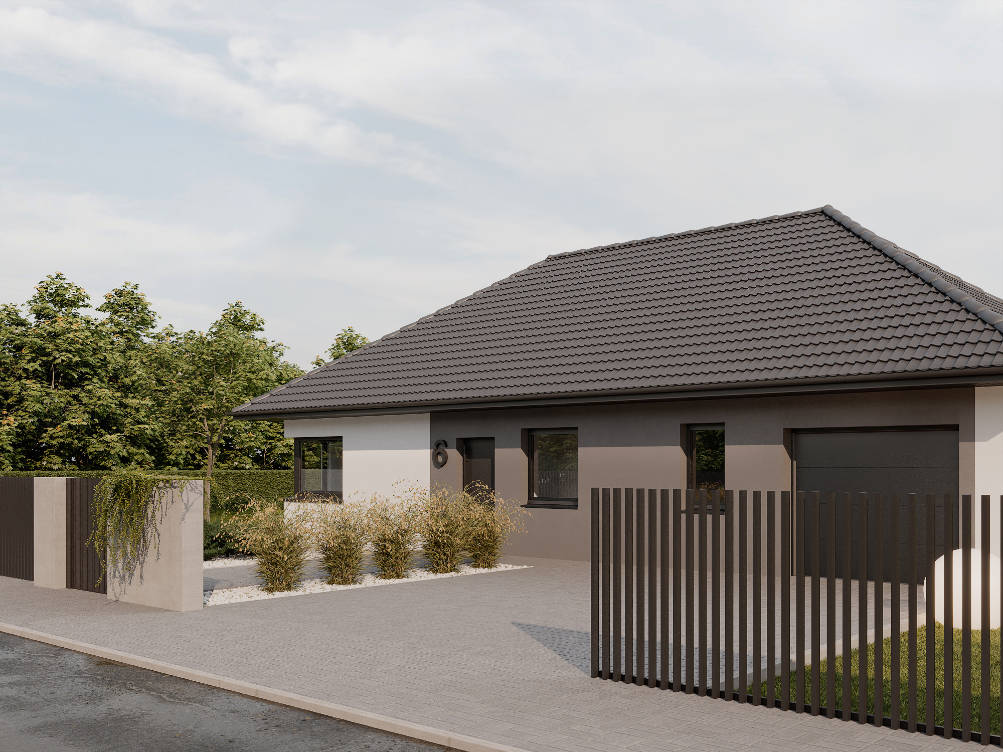 Elegancki, parterowy dom z szarą dachówką i numerem 6 przy wejściu, otoczony nowoczesnym ogrodzeniem i roślinnością. Minimalistyczny design z garażem w bryle budynku.