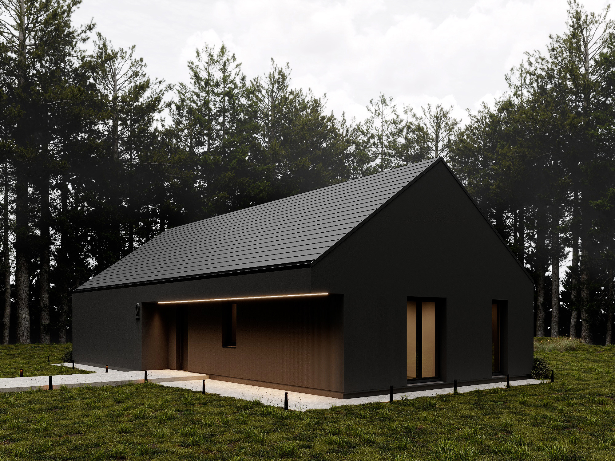 Czarny, nowoczesny dom jednorodzinny z płaskim dachem, otoczony zielenią. Minimalistyczny design, oświetlenie elewacyjne, kostka brukowa. Ujęcie z niskiej perspektywy.