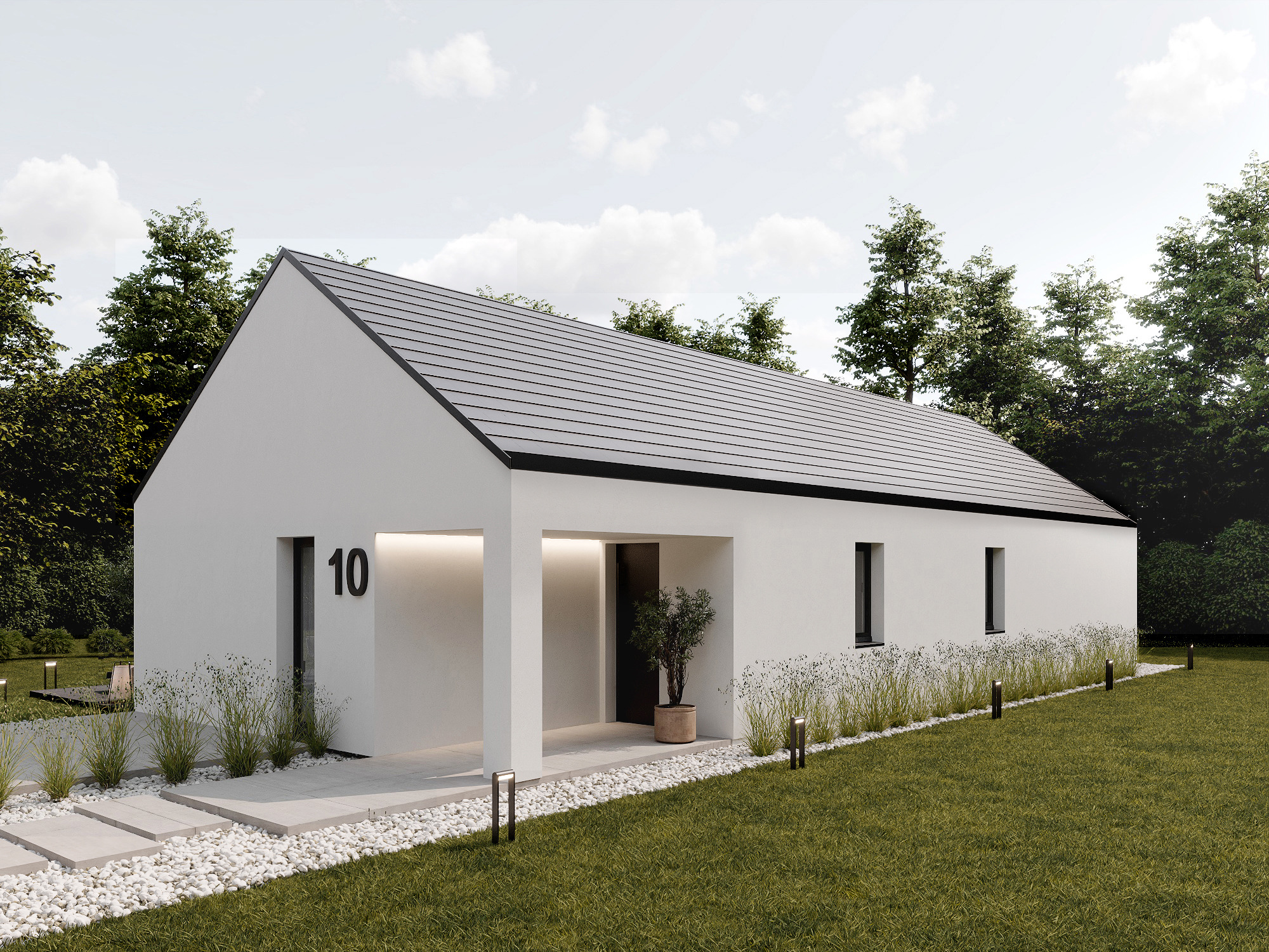 Nowoczesny, parterowy dom z białymi ścianami i ciemnym dachem, numer 10 przy wejściu. Minimalistyczny ogród z białymi kamieniami i ścieżką z płyt.