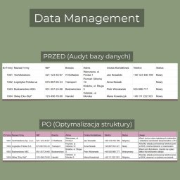 BiuroDal Magdalena Buraczyńska - Data Management: Porównanie tabeli bazy danych PRZED (audyt) i PO (optymalizacja struktury). Widoczne dane firm, NIP, adres, kontakt, status i uwagi.