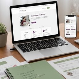 BiuroDal Magdalena Buraczyńska - Laptop i smartfon prezentują stronę internetową na biurku z notatnikiem i dokumentami. Stonowana kolorystyka, naturalne światło, minimalistyczny design.