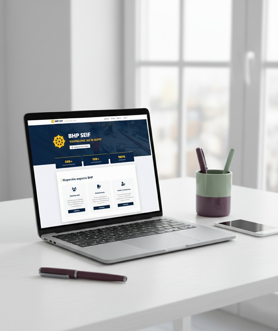 Laptop z wyświetloną stroną internetową BHP SEIF na białym biurku, obok telefon i piórnik. Nowoczesny design strony z motywem bezpieczeństwa pracy.