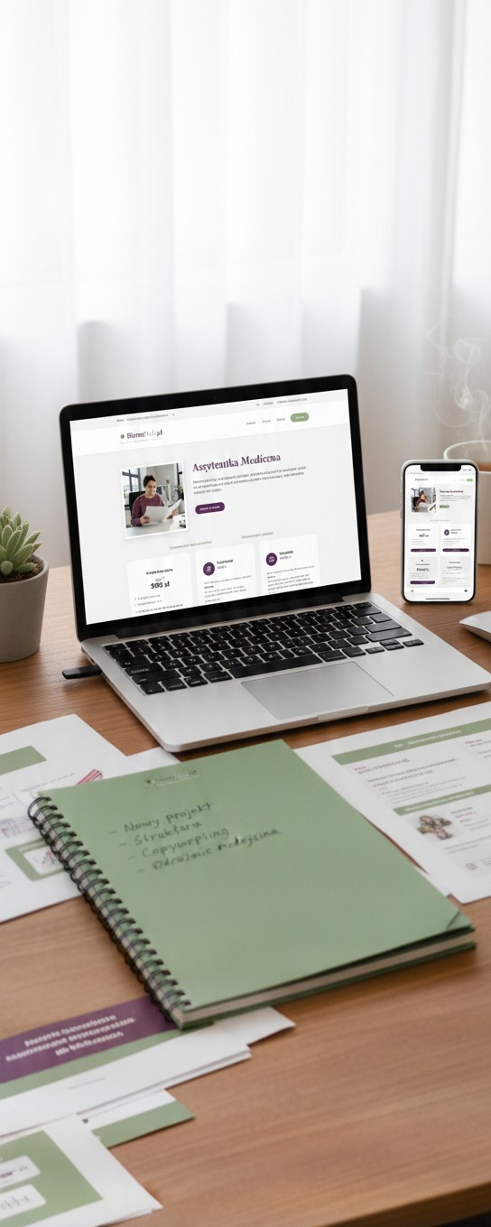 Laptop i smartfon prezentują stronę internetową na biurku z notatnikiem i dokumentami. Stonowana kolorystyka, naturalne światło, minimalistyczny design.