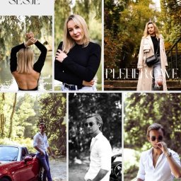 Kinga Gromadko - Kolaż zdjęć z sesji plenerowych: portrety kobiet i mężczyzn w różnych stylizacjach i sceneriach, od eleganckich po casualowe, w kolorze i czerni i bieli.