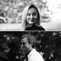 Kinga Gromadko - Czarno-białe portrety: uśmiechnięta blondynka spogląda w bok, a poniżej mężczyzna w okularach przeciwsłonecznych, z zarysowanym profilem na tle zieleni.