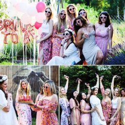 Kinga Gromadko - Kolaż z wieczoru panieńskiego: grupa kobiet w okularach w kształcie serc pozuje na tle balonów 'Bride to be', tortu ze świeczkami i zieleni. Radosna atmosfera.