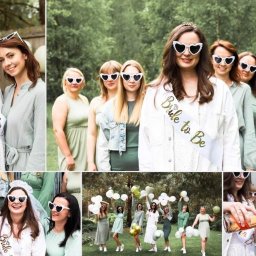 Kinga Gromadko - Kolaż zdjęć z wieczoru panieńskiego: grupa kobiet w okularach w kształcie serc, z szarfami 'Bride to Be', balony i otwieranie szampana na tle zieleni.