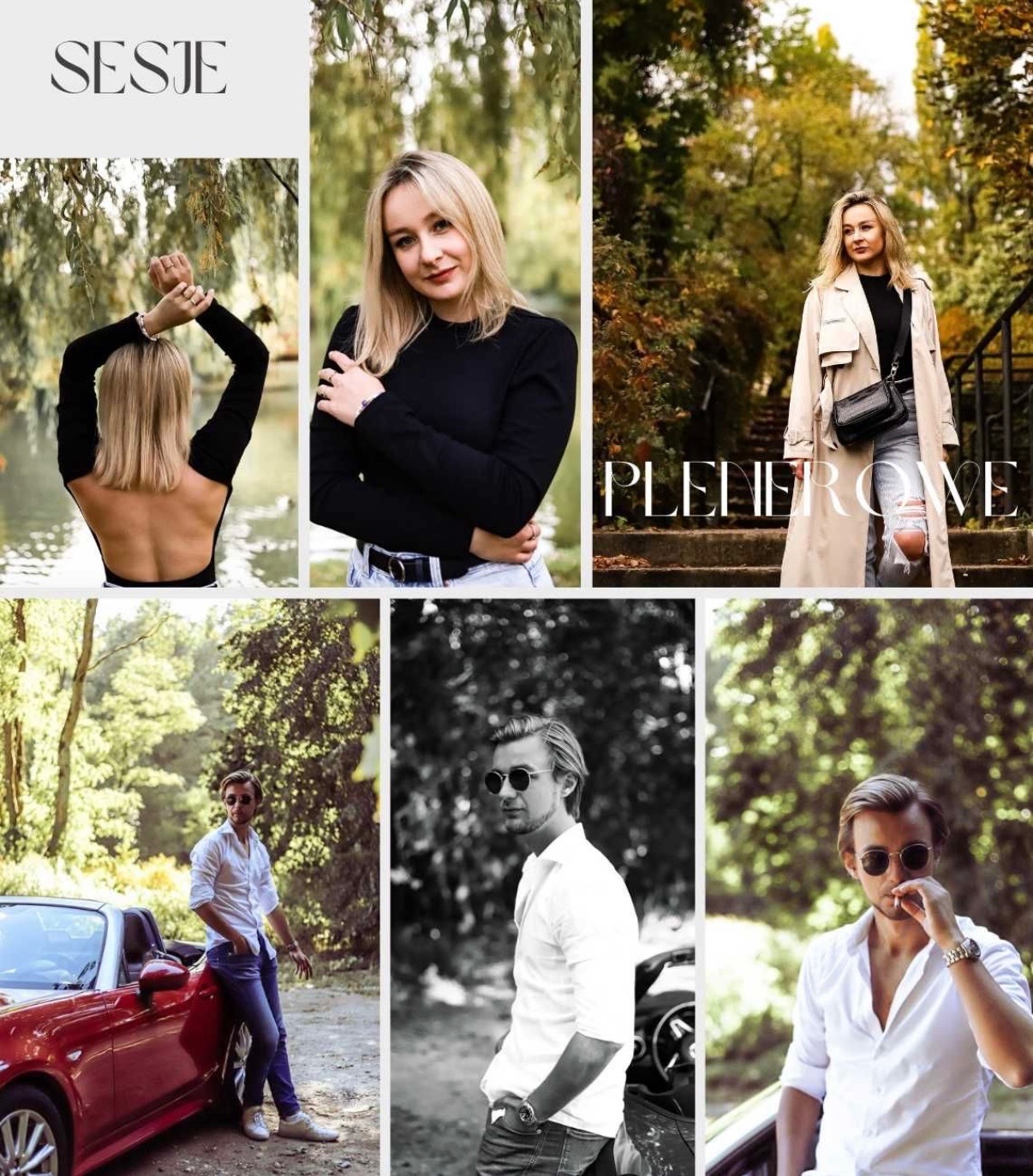 Kolaż zdjęć z sesji plenerowych: portrety kobiet i mężczyzn w różnych stylizacjach i sceneriach, od eleganckich po casualowe, w kolorze i czerni i bieli.