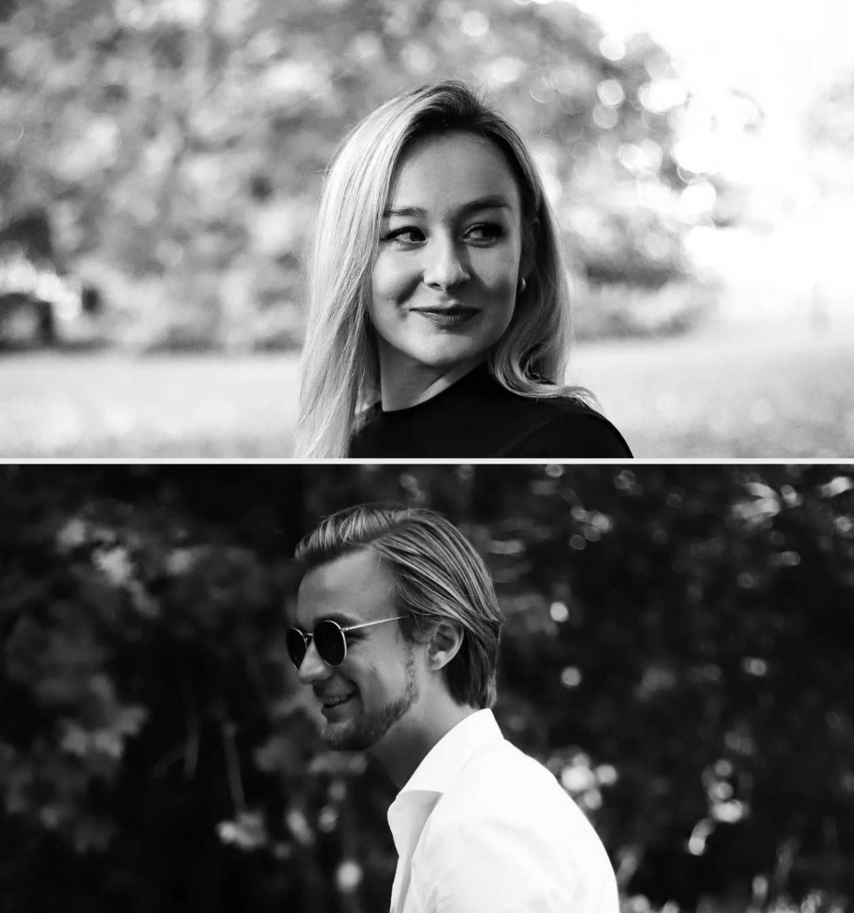 Czarno-białe portrety: uśmiechnięta blondynka spogląda w bok, a poniżej mężczyzna w okularach przeciwsłonecznych, z zarysowanym profilem na tle zieleni.