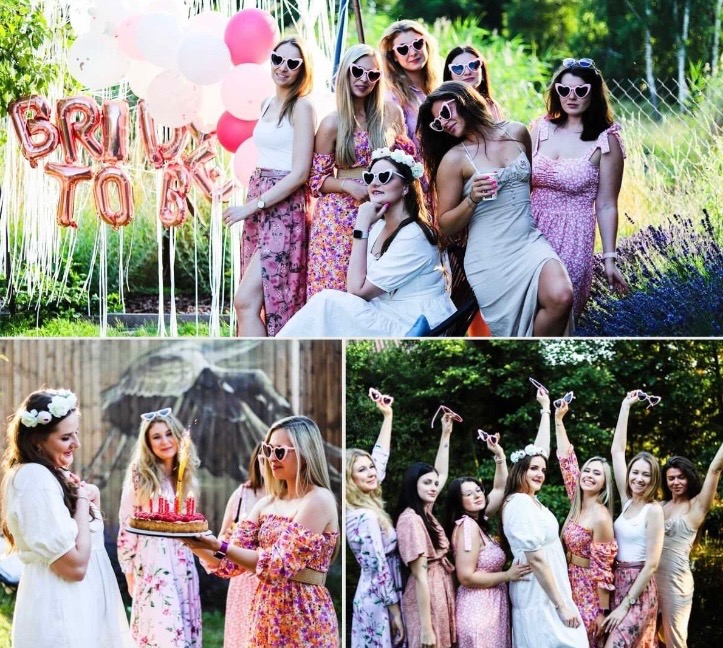 Kolaż z wieczoru panieńskiego: grupa kobiet w okularach w kształcie serc pozuje na tle balonów 'Bride to be', tortu ze świeczkami i zieleni. Radosna atmosfera.