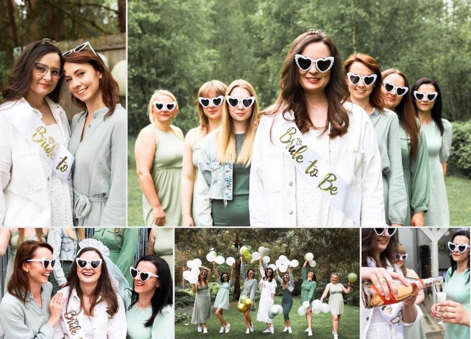 Kolaż zdjęć z wieczoru panieńskiego: grupa kobiet w okularach w kształcie serc, z szarfami 'Bride to Be', balony i otwieranie szampana na tle zieleni.
