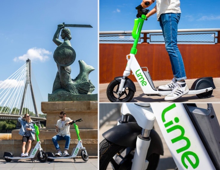 Kolaż: para siedząca na hulajnogach Lime na tle Warszawskiej Syrenki i mostu, zbliżenie na hulajnogę w ruchu i detal logo Lime na hulajnodze.