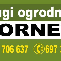 Kornel Ogrody - Usługi ogrodnicze KORNEL, Poznań. Kontakt: 788 706 637, 697 383 746. Grafika z nazwą firmy i numerami telefonów na zielono-białym tle.