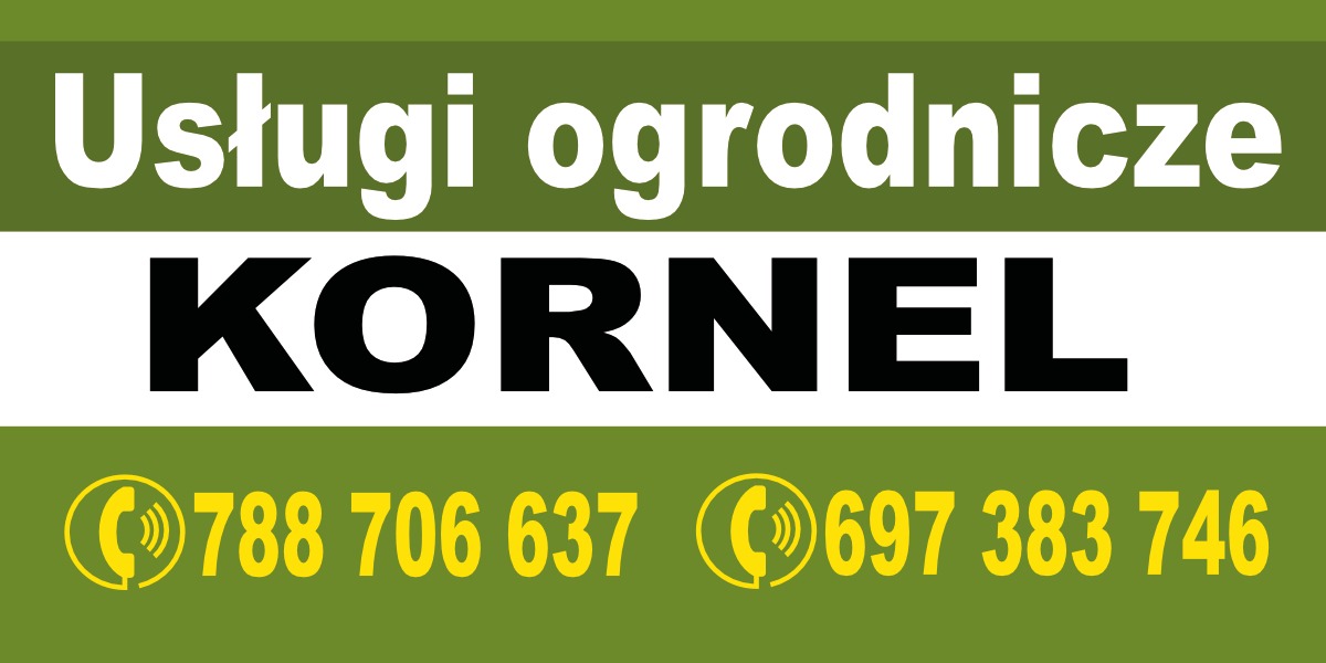 Usługi ogrodnicze KORNEL, Poznań. Kontakt: 788 706 637, 697 383 746. Grafika z nazwą firmy i numerami telefonów na zielono-białym tle.
