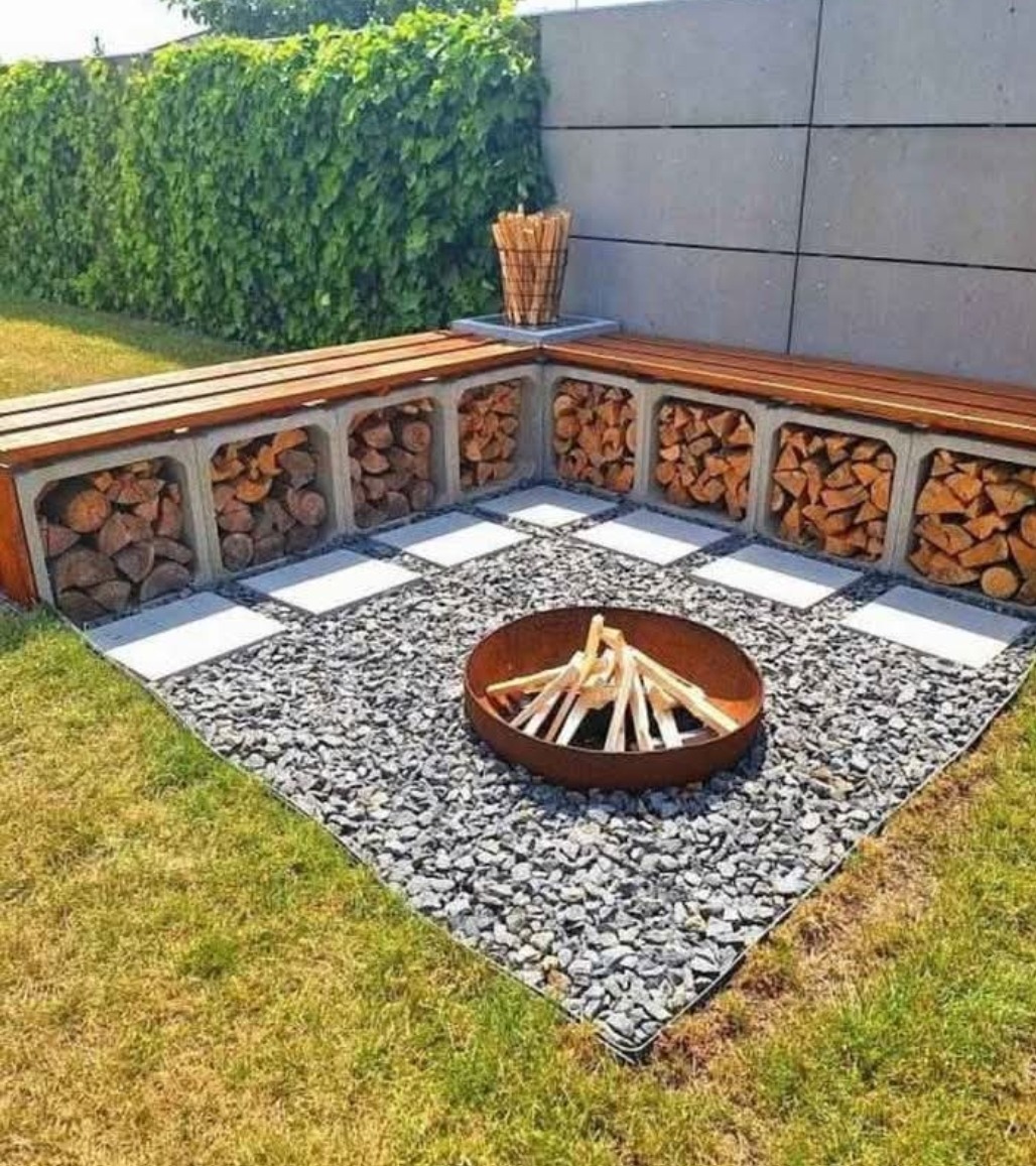 Ogród z miejscem na ognisko: betonowe siedzisko z drewnem, żwirowe podłoże i palenisko z drewnem. Tło stanowi zielony żywopłot i betonowy mur.