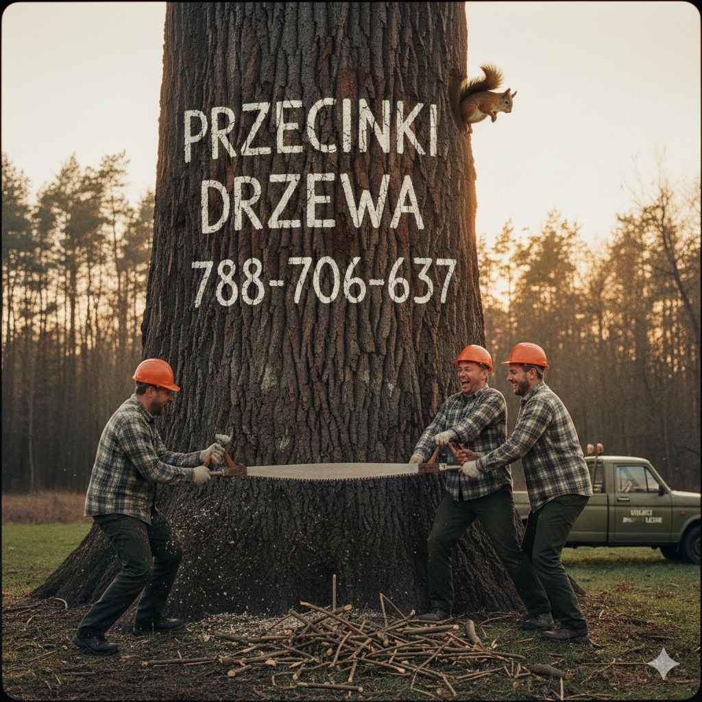 Trzech mężczyzn w kaskach tnie piłą ogromne drzewo z napisem i numerem telefonu, w tle las i samochód. Wiewiórka obserwuje z góry.