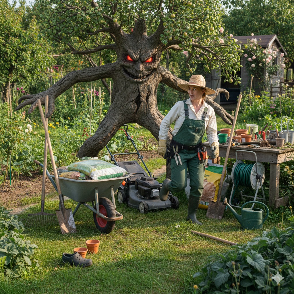 Kobieta w ogrodniczkach, z narzędziami, w ogrodzie z kosiarką i taczką obok strasznego drzewa z czerwonymi oczami. Scena jak z filmu fantasy.