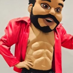 Ewelina Polus - Męska maskotka z odsłoniętym torsem i czerwoną koszulą, pozująca na jasnym tle. Nietypowy kostium z widocznymi mięśniami brzucha i czarną brodą.