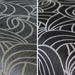 Firma Handlowo - Usługowa Alina Bielińska - Zbliżenie na fragment tapicerki kanapy, podzielony pionowo na dwie części: po lewej stronie widoczny efekt czyszczenia, po prawej - stan przed czyszczeniem. Wzór w abstrakcyjne fale.