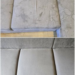 Firma Handlowo - Usługowa Alina Bielińska - Szara kanapa narożna: górny kadr z widocznymi plamami przed czyszczeniem, dolny kadr po czyszczeniu, ukazujący czystą tapicerkę. Widoczna drewniana podłoga.