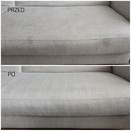 Firma Handlowo - Usługowa Alina Bielińska - Szczegółowe ujęcie fragmentu kanapy w dwóch odsłonach: 'Przed' z widocznymi zabrudzeniami i 'Po' - czysta, odświeżona tapicerka w odcieniach szarości.