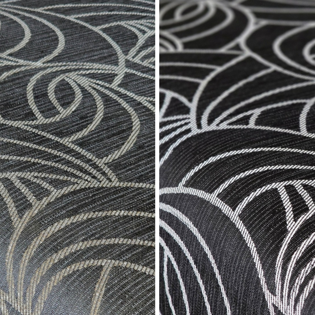 Zbliżenie na fragment tapicerki kanapy, podzielony pionowo na dwie części: po lewej stronie widoczny efekt czyszczenia, po prawej - stan przed czyszczeniem. Wzór w abstrakcyjne fale.