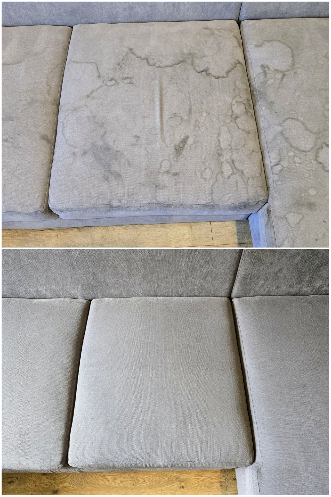 Szara kanapa narożna: górny kadr z widocznymi plamami przed czyszczeniem, dolny kadr po czyszczeniu, ukazujący czystą tapicerkę. Widoczna drewniana podłoga.
