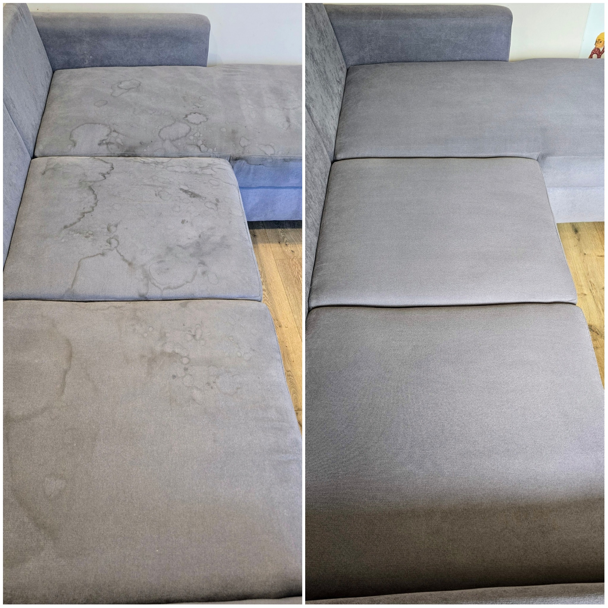 Szara kanapa narożna: po lewej widoczne plamy przed czyszczeniem, po prawej czysta tapicerka po usunięciu zabrudzeń. Efekt prania tapicerki meblowej.