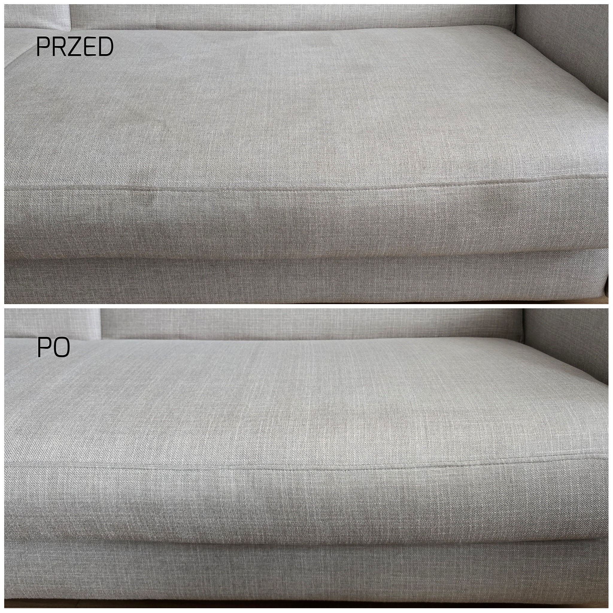Szczegółowe ujęcie fragmentu kanapy w dwóch odsłonach: 'Przed' z widocznymi zabrudzeniami i 'Po' - czysta, odświeżona tapicerka w odcieniach szarości.
