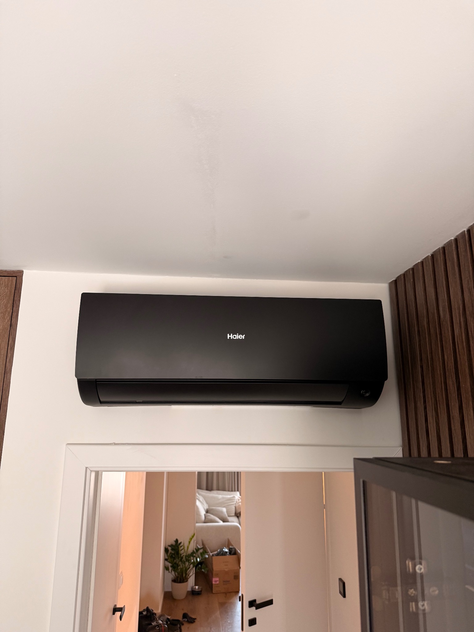 Czarna klimatyzacja Haier zamontowana na białej ścianie nad drzwiami. Widok na wnętrze pokoju z rośliną i meblami. Minimalistyczny design.