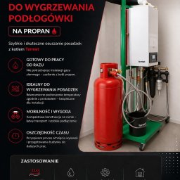 Doradztwo Marta Stasiun-Gałandziej - Mobilny kocioł Termet na propan do wygrzewania podłogówki, gotowy do pracy w Żarach. Kompaktowa konstrukcja na ramie, łatwy transport i szybkie podłączenie.