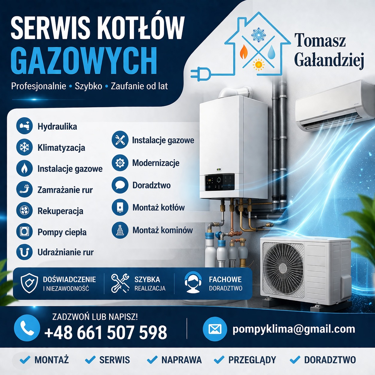 Grafika reklamowa: serwis kotłów gazowych, montaż klimatyzacji, rekuperacja, pompy ciepła. Nowoczesny piec gazowy i klimatyzator na tle niebieskich linii.