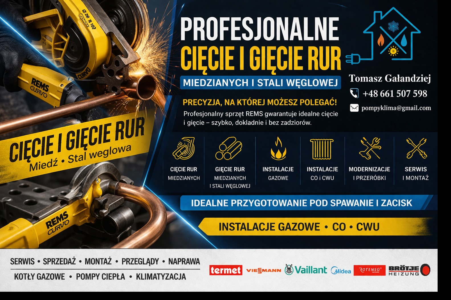 Profesjonalne cięcie i gięcie rur miedzianych i ze stali węglowej narzędziem REMS Curvo. Iskry podczas pracy. Instalacje gazowe, CO i CWU. Serwis, sprzedaż, montaż.