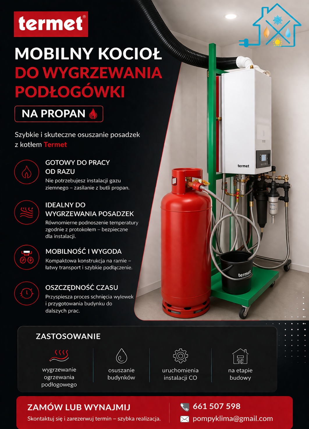 Mobilny kocioł Termet na propan do wygrzewania podłogówki, gotowy do pracy w Żarach. Kompaktowa konstrukcja na ramie, łatwy transport i szybkie podłączenie.