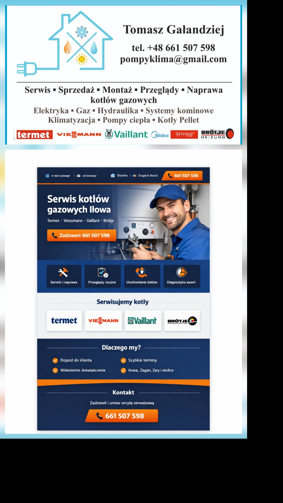 Reklama serwisu kotłów gazowych w Iłowie. Oferta obejmuje marki Termet, Viessmann, Vaillant i Brötje. Kontakt telefoniczny widoczny na grafice.