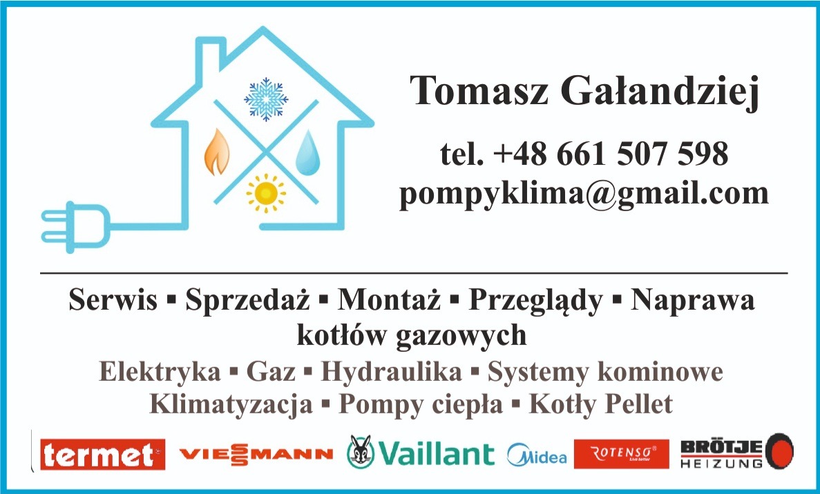 Wizytówka firmy Tomasz Gałandziej: serwis, sprzedaż, montaż, przeglądy i naprawa kotłów gazowych. Elektryka, gaz, hydraulika, systemy kominowe, klimatyzacja, pompy ciepła, kotły pellet.