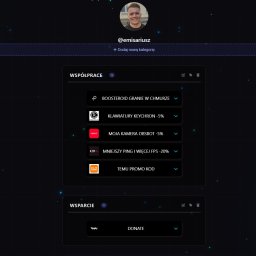 SP4RKV.DEV - Ekran profilu użytkownika @emisariusz z listą linków partnerskich i opcji wsparcia. Widoczne sekcje: Współpraca i Wsparcie. Ciemne tło z motywem kosmicznym.